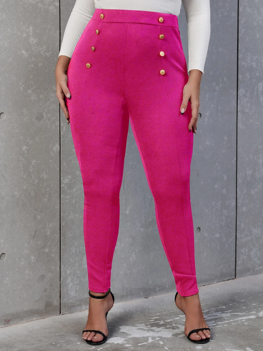 SHEIN Privé Plus High Waist Button Detail Skinny Trousers - Hot Pink - View 1