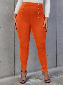 Flirla Plus High Waist Button Detail Skinny Trousers - Orange - View 1
