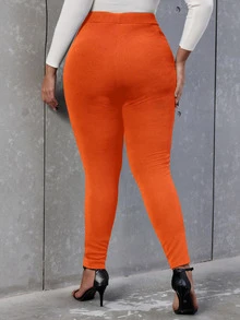 Flirla Plus High Waist Button Detail Skinny Trousers - Orange - View 2
