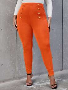 Flirla Plus High Waist Button Detail Skinny Trousers - Orange - View 3