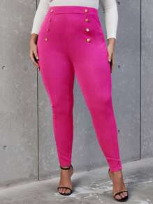 SHEIN Privé Plus High Waist Button Detail Skinny Trousers - Hot Pink - View 4
