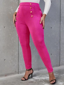 SHEIN Privé Plus High Waist Button Detail Skinny Trousers - Hot Pink - View 5