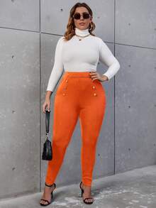 Flirla Plus High Waist Button Detail Skinny Trousers - Orange - View 4