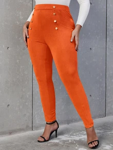 Flirla Plus High Waist Button Detail Skinny Trousers - Orange - View 5