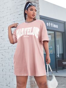 SHEIN EZwear 大碼字母圖案落肩袖連衣裙 - 淺粉色 - 查看 1
