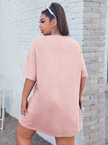 SHEIN EZwear 大碼字母圖案落肩袖連衣裙 - 淺粉色 - 查看 2