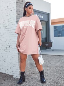 SHEIN EZwear 大碼字母圖案落肩袖連衣裙 - 淺粉色 - 查看 3