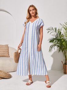 EMERY ROSE Vestido túnico de rayas de manga murciélago con abertura delantero