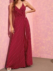 SHEIN VCAY Polka Dot Cut Out Back Wrap Hem Cami Dress