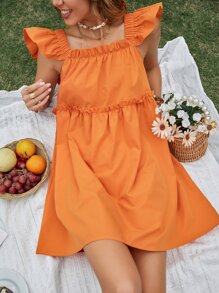 Ruffle Sleeve Smock Dress - Orange - View 1