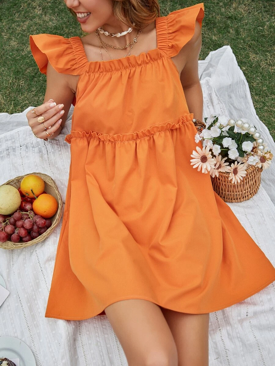 Ruffle Sleeve Smock Dress - Orange - View 1