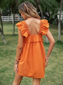 Ruffle Sleeve Smock Dress - Orange - View 2