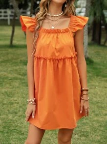 Ruffle Sleeve Smock Dress - Orange - View 3