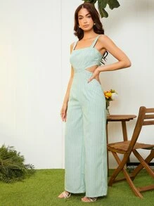 SHEIN VCAY Pinstriped Backless Knot Cami Jumpsuit - Multicolor - View 4