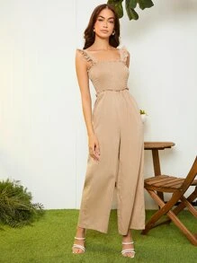 Shirred Frill Trim Cami Jumpsuit - Khaki - View 1