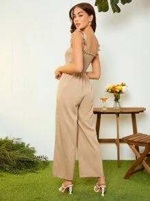 Shirred Frill Trim Cami Jumpsuit - Khaki - View 2