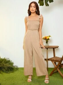Shirred Frill Trim Cami Jumpsuit - Khaki - View 3