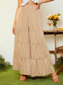 Ruffle Hem Wide Leg Trousers - Apricot - View 1