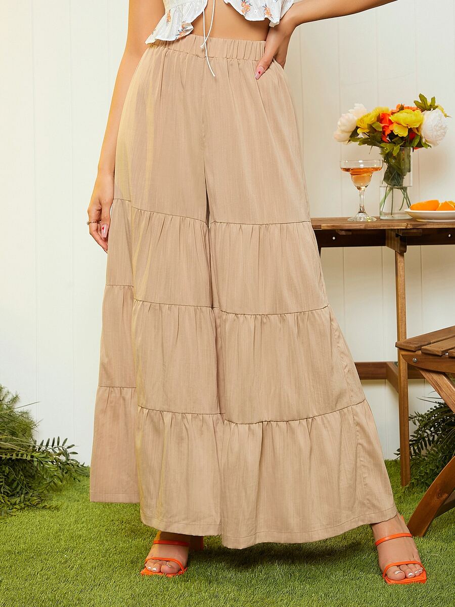 Ruffle Hem Wide Leg Trousers - Apricot - View 1