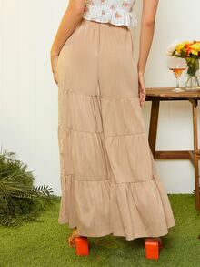 Ruffle Hem Wide Leg Trousers - Apricot - View 3