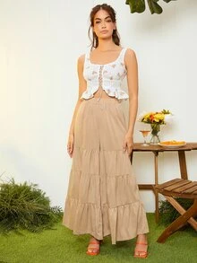 Ruffle Hem Wide Leg Trousers - Apricot - View 4