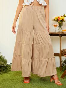 Ruffle Hem Wide Leg Trousers - Apricot - View 2