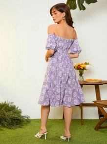 Geo Embroidery Off Shoulder Puff Sleeve Ruffle Hem Dress - متعدد الألوان - مشاهدة 4