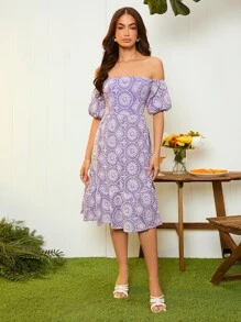 Geo Embroidery Off Shoulder Puff Sleeve Ruffle Hem Dress - متعدد الألوان - مشاهدة 5
