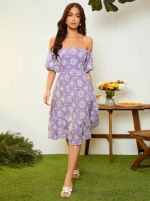 Geo Embroidery Off Shoulder Puff Sleeve Ruffle Hem Dress - متعدد الألوان - مشاهدة 1