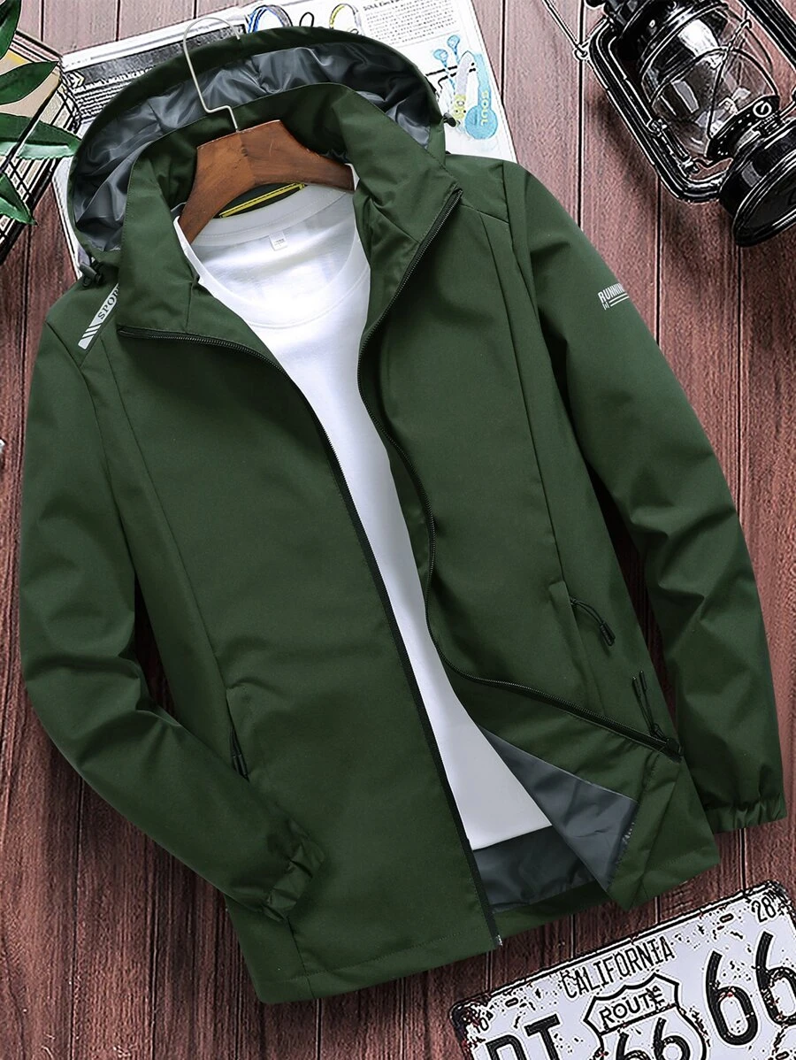 Manfinity Homme Men Long Sleeve Letter Graphic Zipper Hooded Jacket Without Tee, Green Zip Up Casual Outdoor Windbreaker, For Fall - Army Green - View 1
