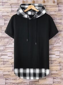 Manfinity Hypemode 男士格紋抽繩連帽假兩入組T恤 - 黑色 - 查看 1