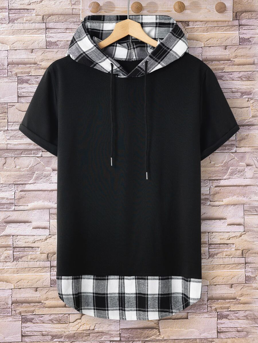 Manfinity Hypemode 男士格紋抽繩連帽假兩入組T恤 - 黑色 - 查看 1
