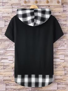 Manfinity Hypemode 男士格紋抽繩連帽假兩入組T恤 - 黑色 - 查看 2