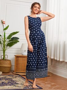 EMERY ROSE Áo liền quần nữ Dây kéo Nút phía trước Hoa Bộ lạc Boho - Màu xanh hải quân - Xem 1