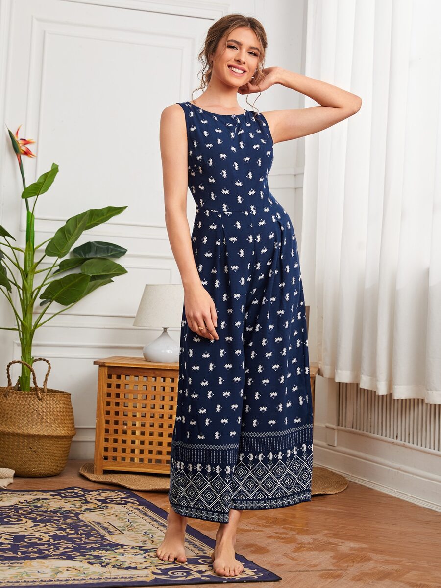 EMERY ROSE Áo liền quần nữ Dây kéo Nút phía trước Hoa Bộ lạc Boho - Màu xanh hải quân - Xem 1