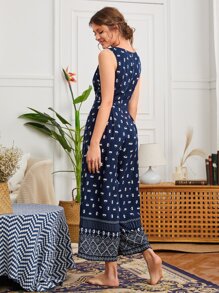 EMERY ROSE Áo liền quần nữ Dây kéo Nút phía trước Hoa Bộ lạc Boho - Màu xanh hải quân - Xem 2