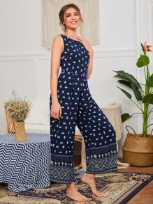 EMERY ROSE Áo liền quần nữ Dây kéo Nút phía trước Hoa Bộ lạc Boho - Màu xanh hải quân - Xem 4
