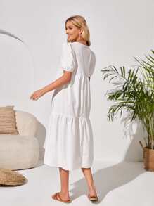 EMERY ROSE Puff Sleeve Ruffle Hem Smock Dress - White - View 2
