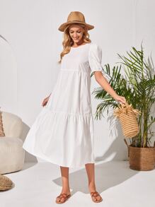 EMERY ROSE Puff Sleeve Ruffle Hem Smock Dress - White - View 3