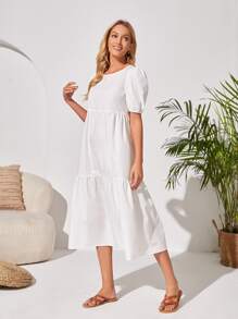 EMERY ROSE Puff Sleeve Ruffle Hem Smock Dress - White - View 5
