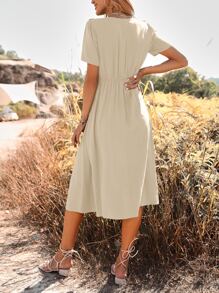 SHEIN Unity Đầm Thắt nút Xù Nút phía trước Tranh thêu màu trơn Giải trí - Màu be - Xem 2