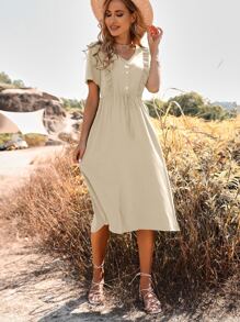 SHEIN Unity Đầm Thắt nút Xù Nút phía trước Tranh thêu màu trơn Giải trí - Màu be - Xem 3