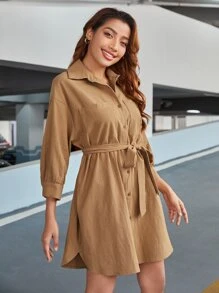 SHEIN Vestido camisero de hombros caídos con parche de bolsillo con cinturón - Camel - Ver 2