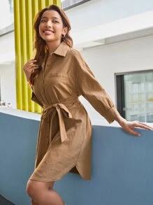 SHEIN Vestido camisero de hombros caídos con parche de bolsillo con cinturón - Camel - Ver 4