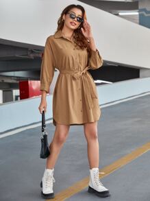 SHEIN Vestido camisero de hombros caídos con parche de bolsillo con cinturón - Camel - Ver 5