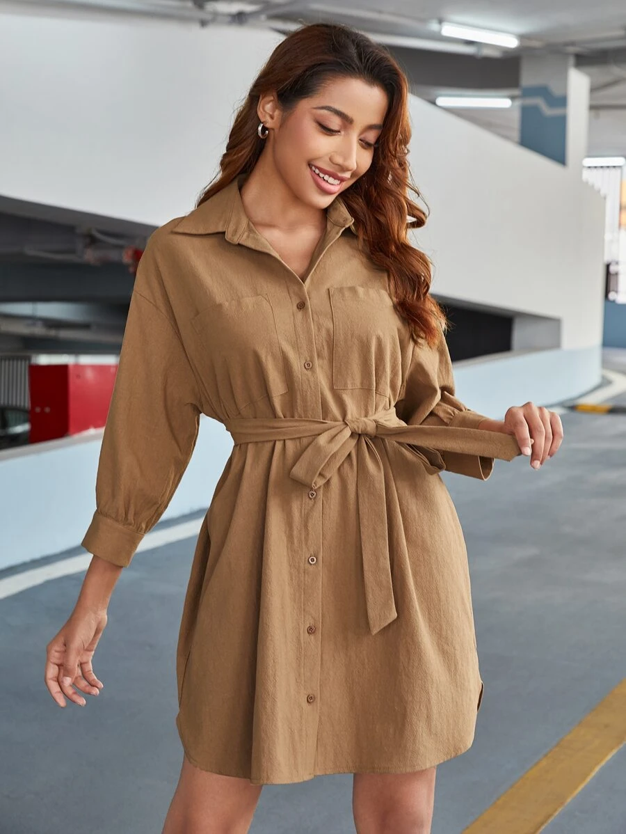 SHEIN Vestido camisero de hombros caídos con parche de bolsillo con cinturón - Camel - Ver 1