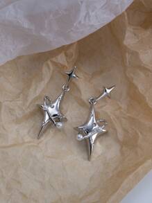 Rhinestone Detail Star Drop Earrings - Silver - View 1