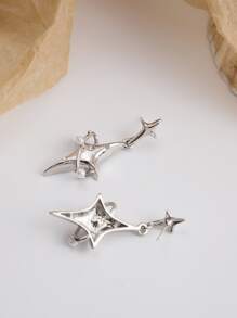 Rhinestone Detail Star Drop Earrings - Silver - View 2