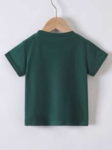 SHEIN Áo thun ngắn tay cổ tròn in chữ thời trang đi biển cho bé trai trẻ, Xuân/Hè - Màu xanh lá cây đậm - Xem 2