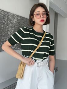 DAZY Stripe Pattern Knit Top - Dark Green - View 1